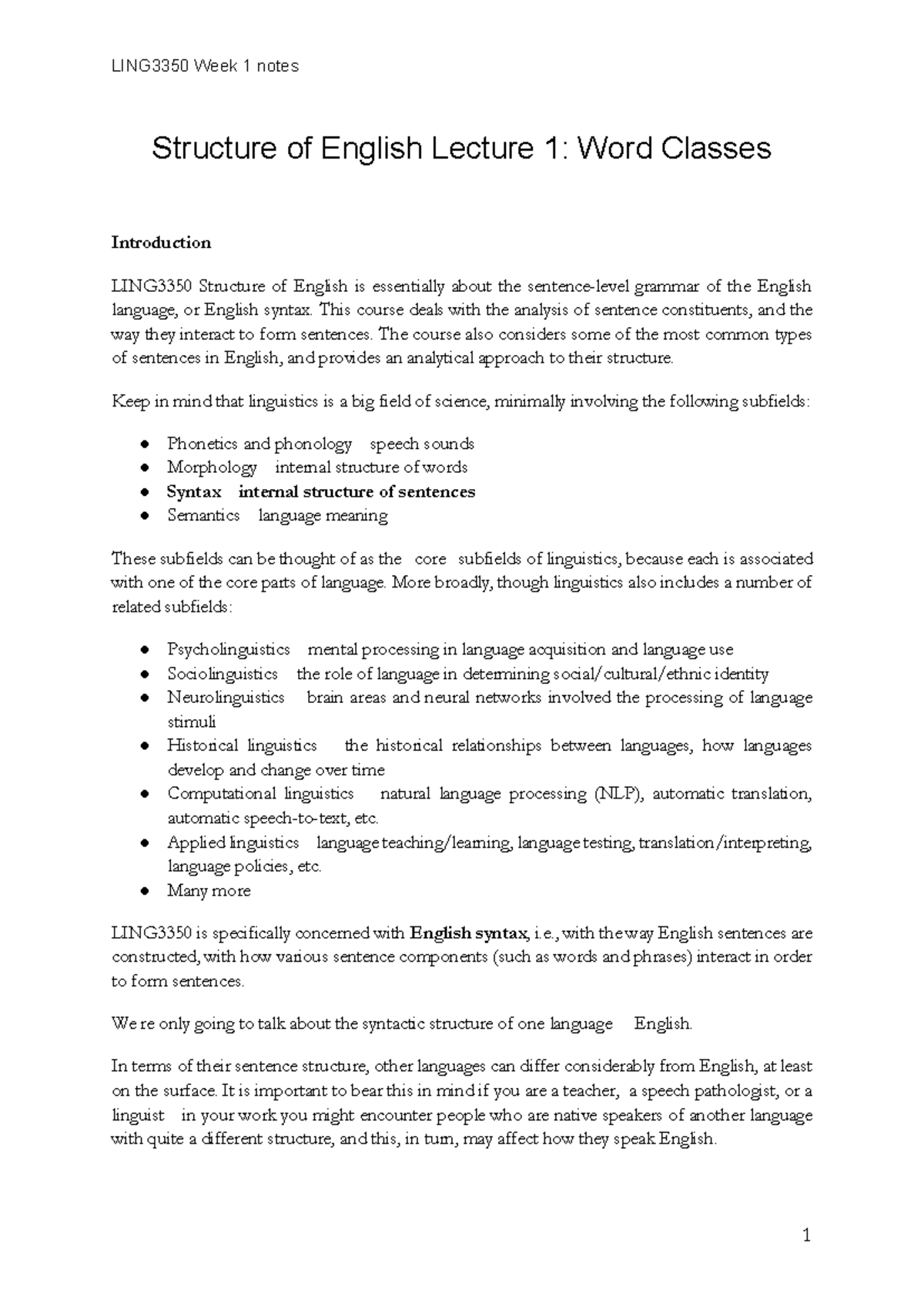 LING3350 Week 1 Lecture Notes: Introduction to Word Classes - Studocu