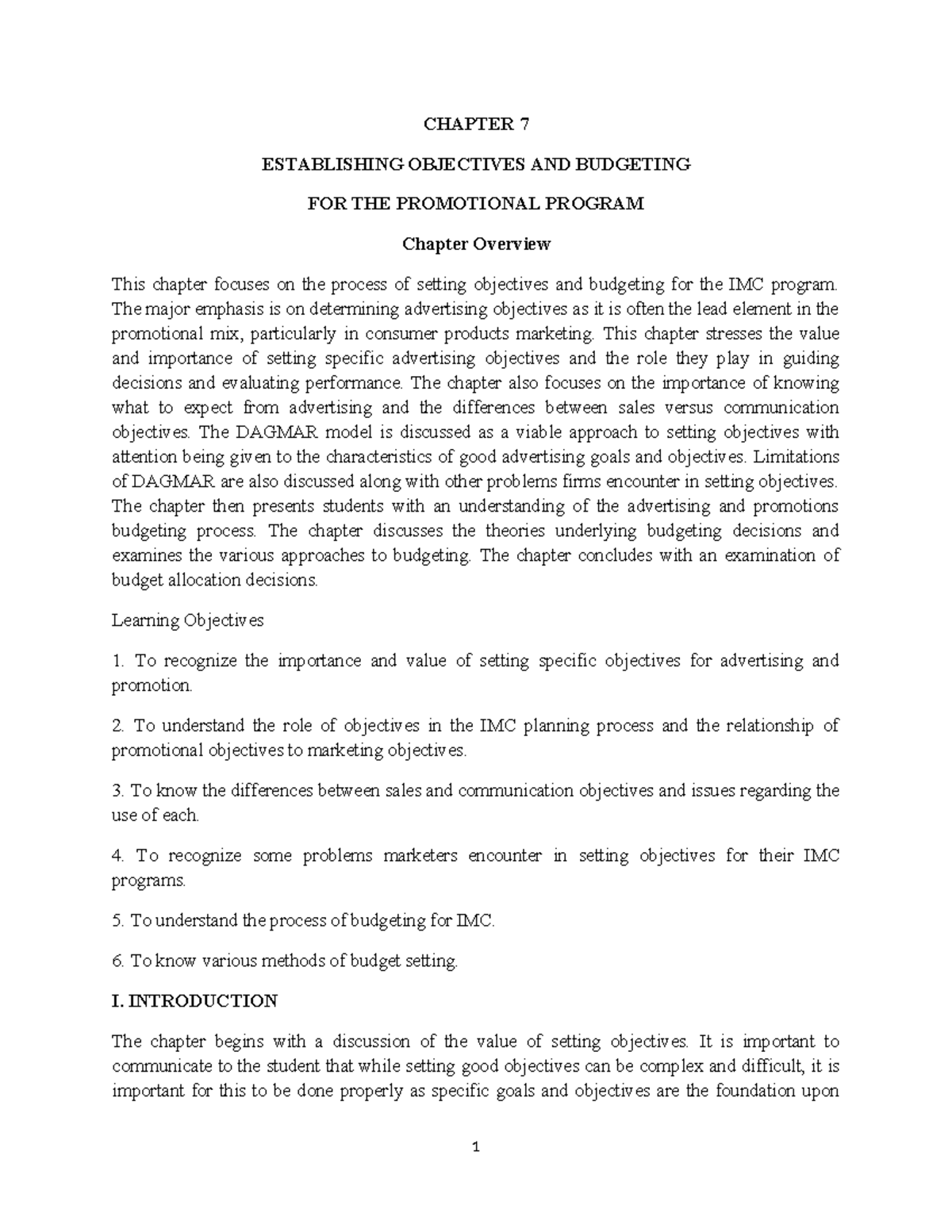 CHAPTER 7: OBJECTIVES & BUDGETING FOR IMC PROGRAMS - Studocu