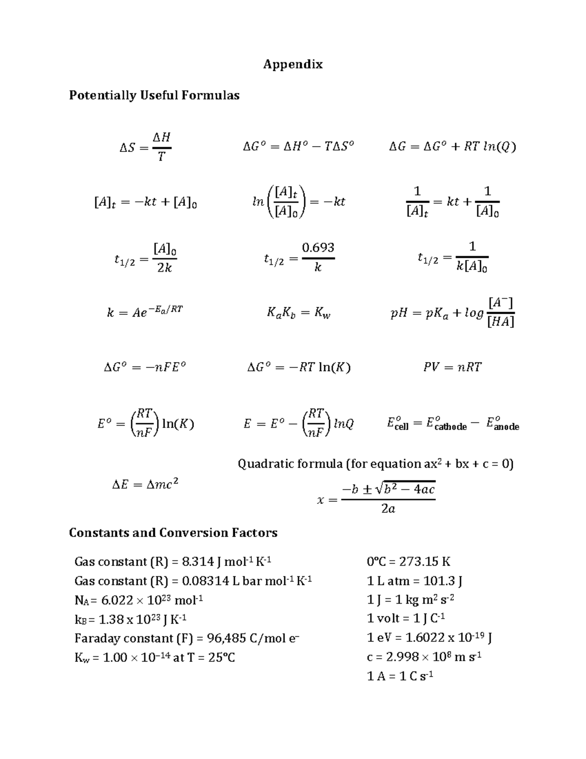 Appendix Formula Sheet Option - Appendix Potentially Useful Formulas ∆𝑆 ...