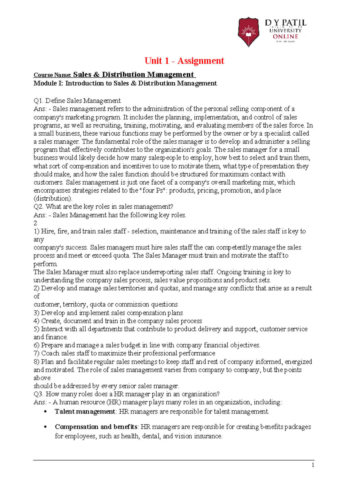 Sales & Distribution Management - Module 1 Assignment Notes - Studocu