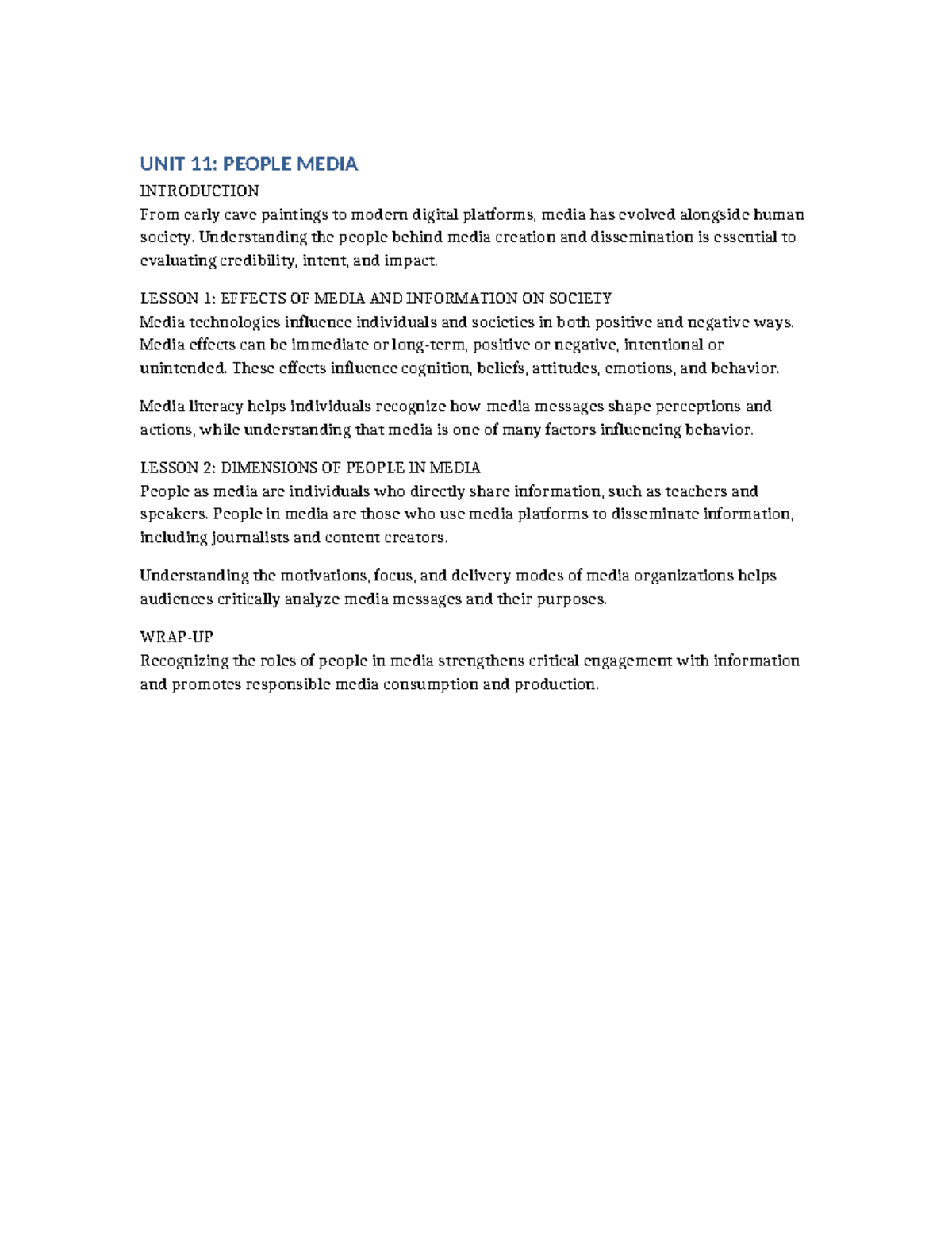 Unit 11: People in Media - Understanding Effects & Roles - Studocu