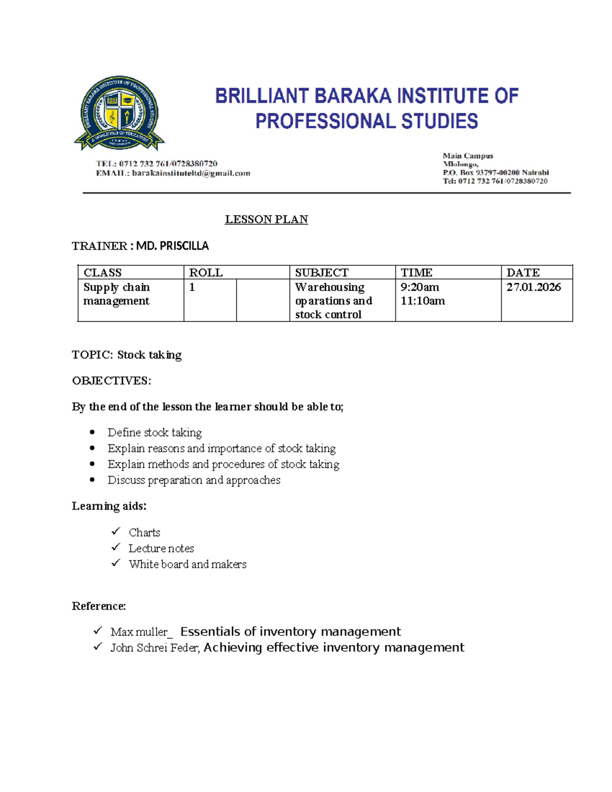 Warehousing LP 14: Lesson Plan on Stock Taking - Studocu
