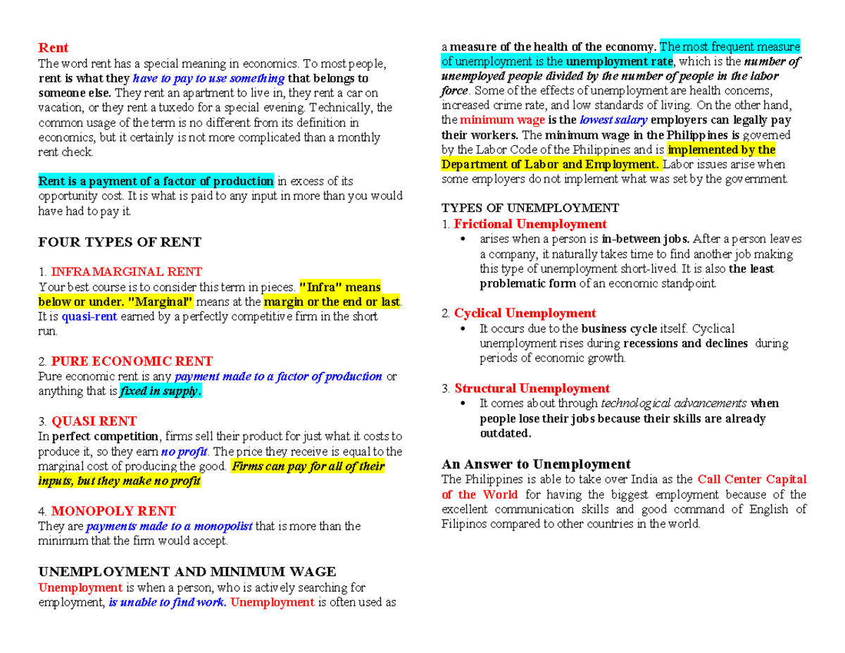 Economics Notes: Understanding Rent, Unemployment, and Business ...
