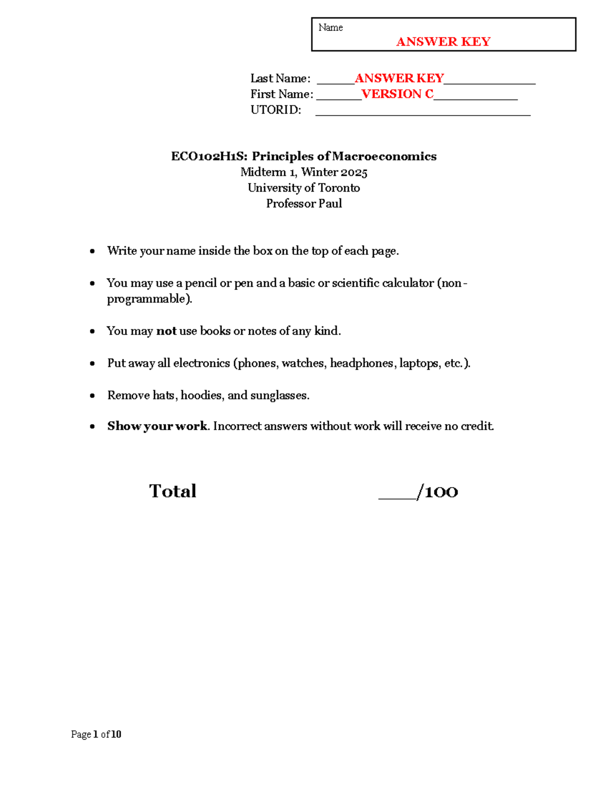 ECO102H1S: Principles of Macroeconomics Midterm 1 Answer Key 2025 - Studocu