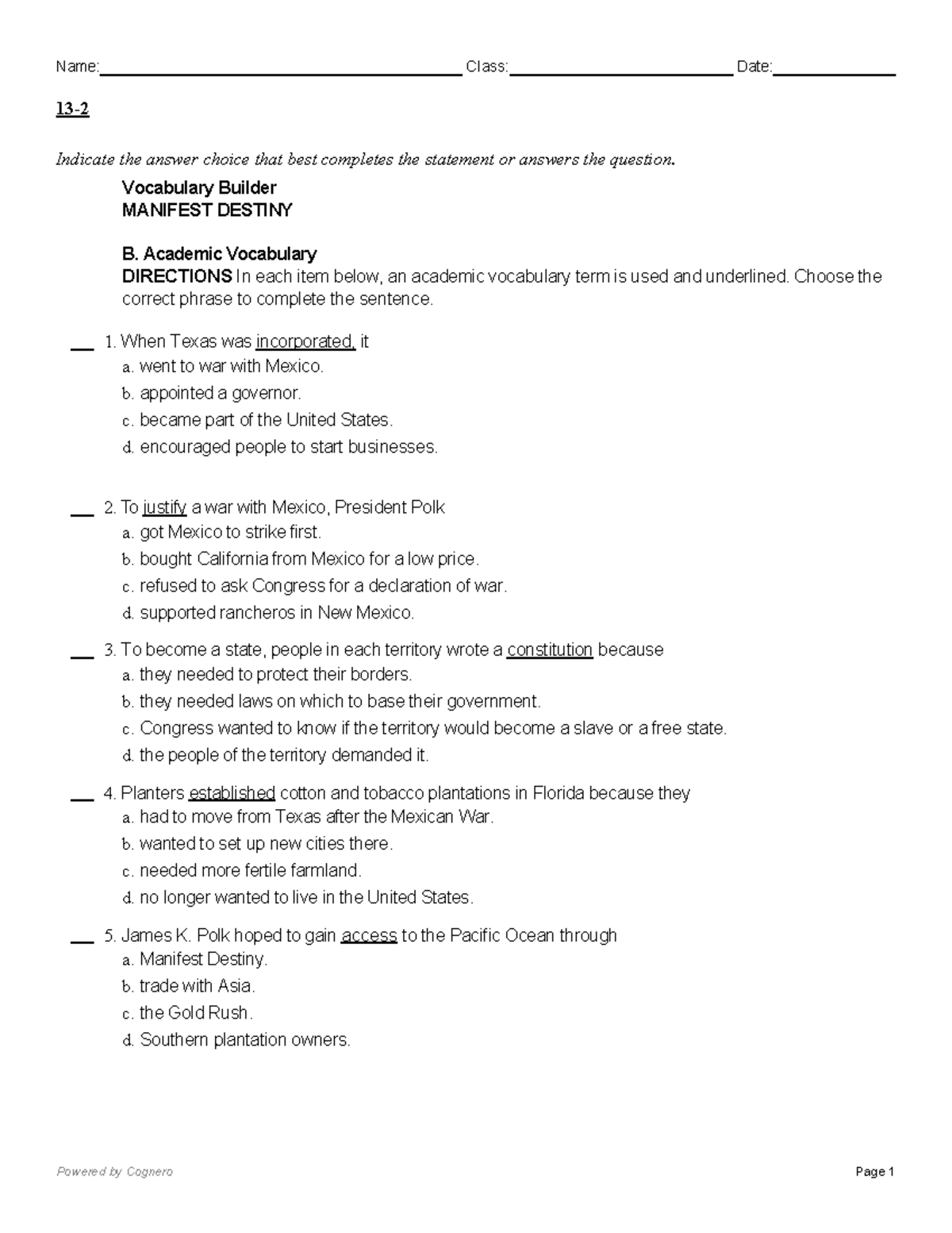 13.2 - Vocabulary and Guided Reading on Manifest Destiny