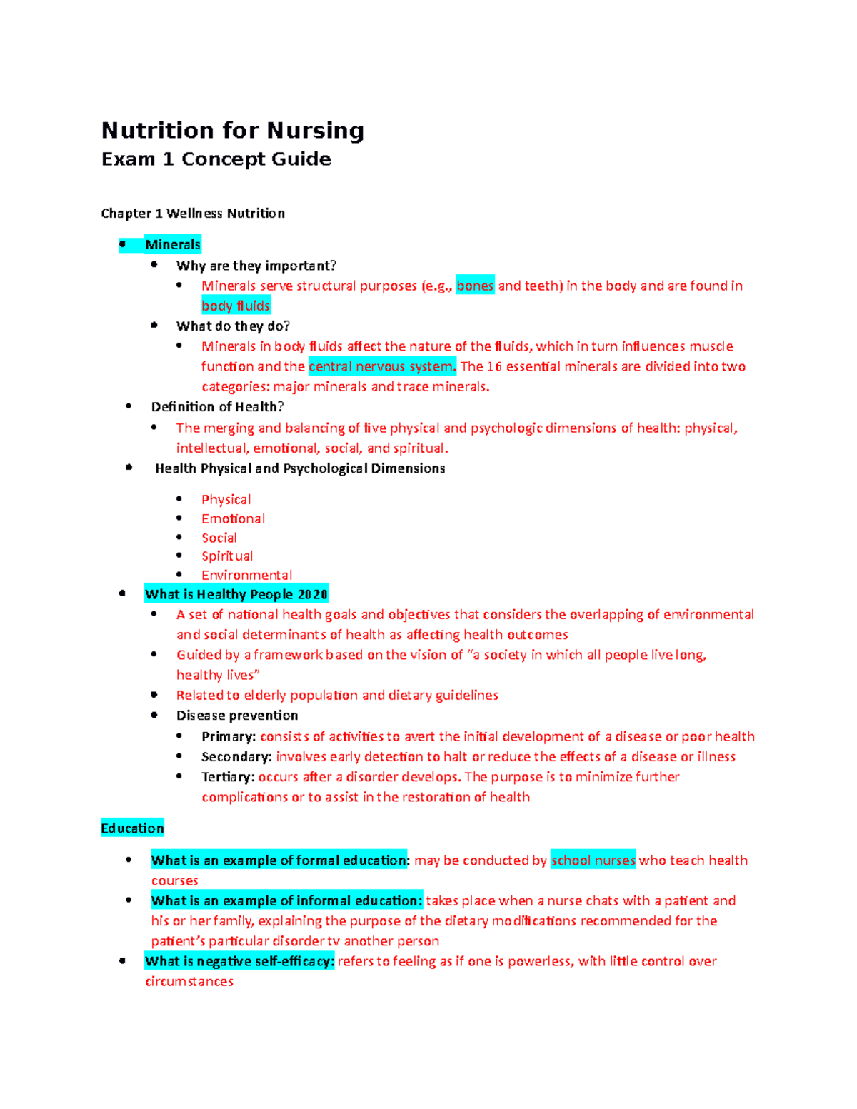 Nutrition Exam I Study Guide (NUR 101) - Key Concepts and Notes - Studocu