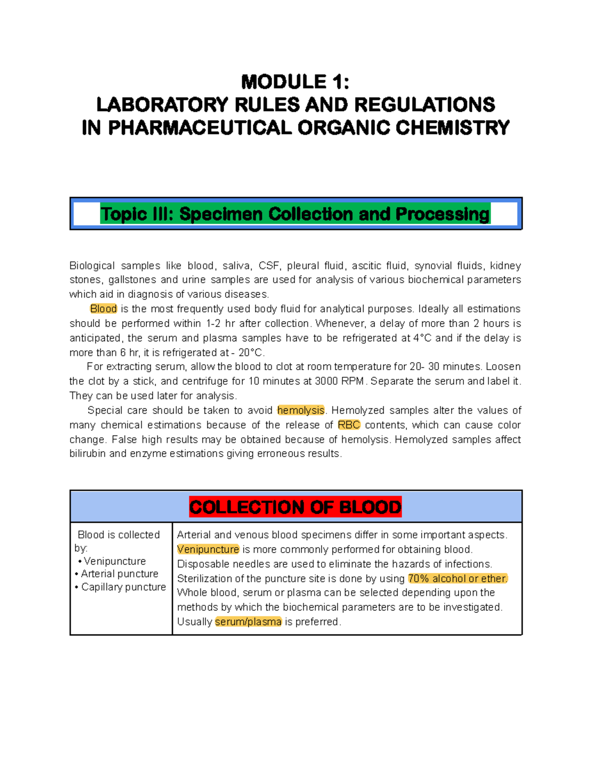 Topic III/ Specimen Collection and Processing - MODULE 1: LABORATORY ...