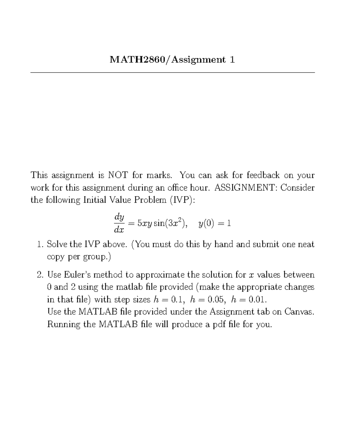 Assignment 1: Euler Method for IVP Solution and MATLAB Implementation ...
