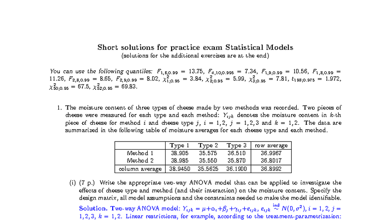 Practice Exam Solutions for Statistical Models (StatMod) - Studeersnel