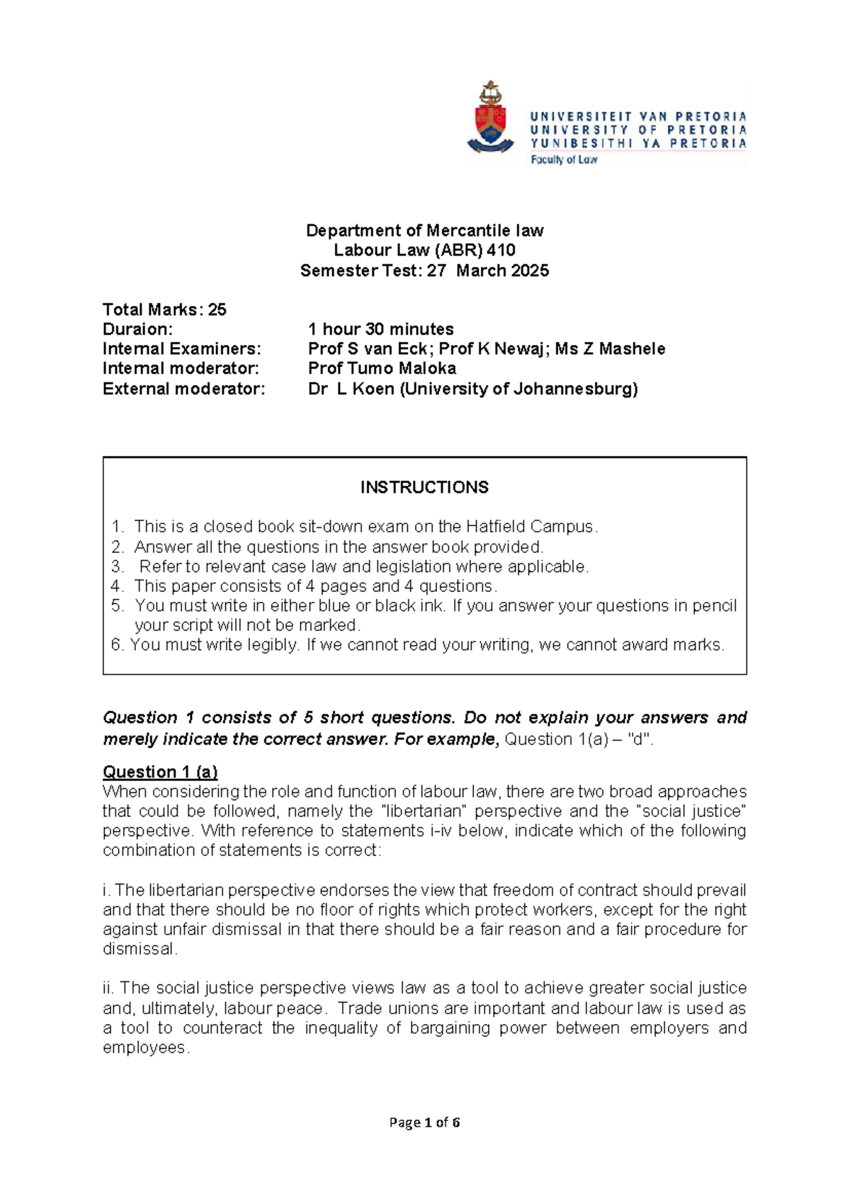 ABR 410 Semester Test 1: Labour Law with Memo - 27 March 2025 - Studocu