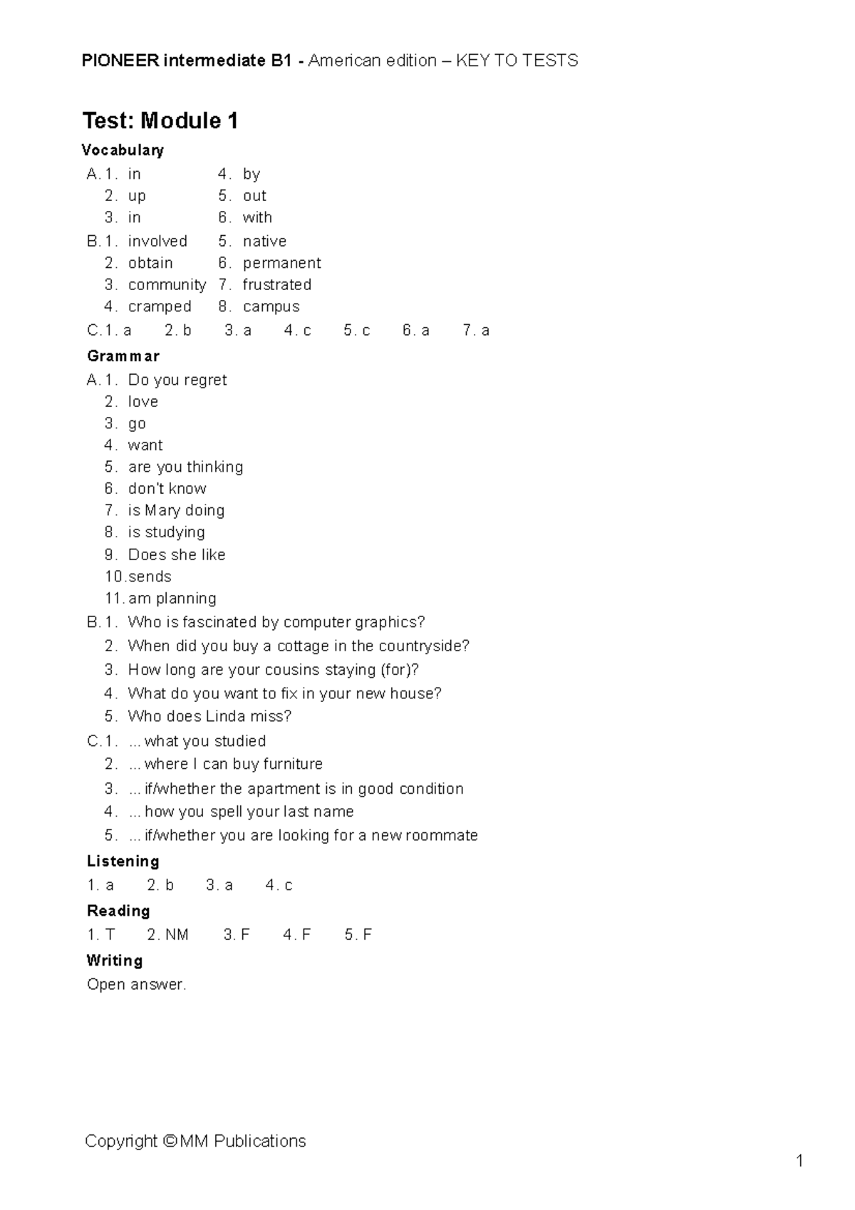 Pioneer Intermediate B1 Test Key to Modules 1-7 Summary - Studocu