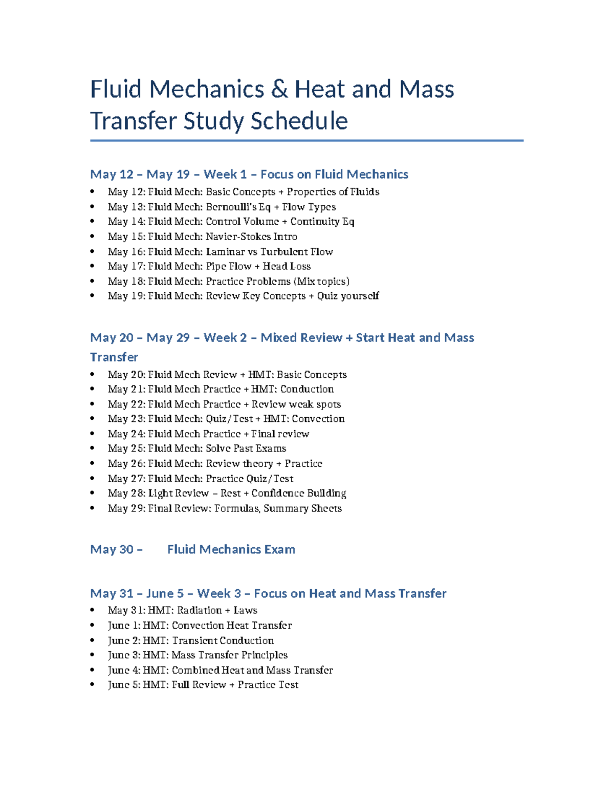 Fluid Mechanics & Heat Transfer Study Schedule (May 12 - June 5) - Studocu
