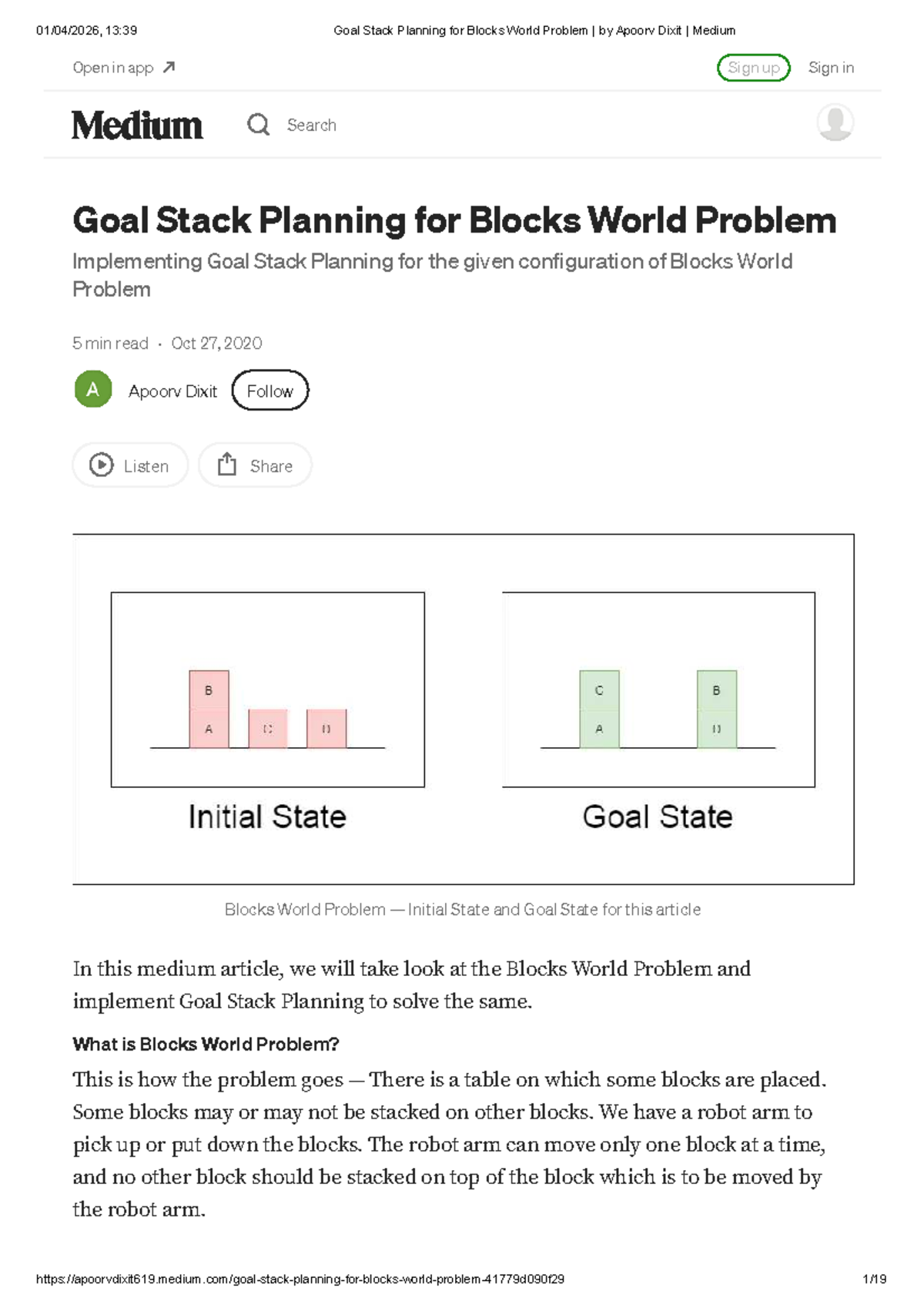 Goal Stack Planning for Blocks World Problem (CS 101) - Studocu