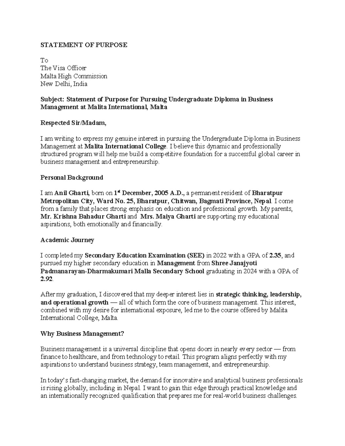 Statement of Purpose for Undergraduate Diploma in Business Management ...