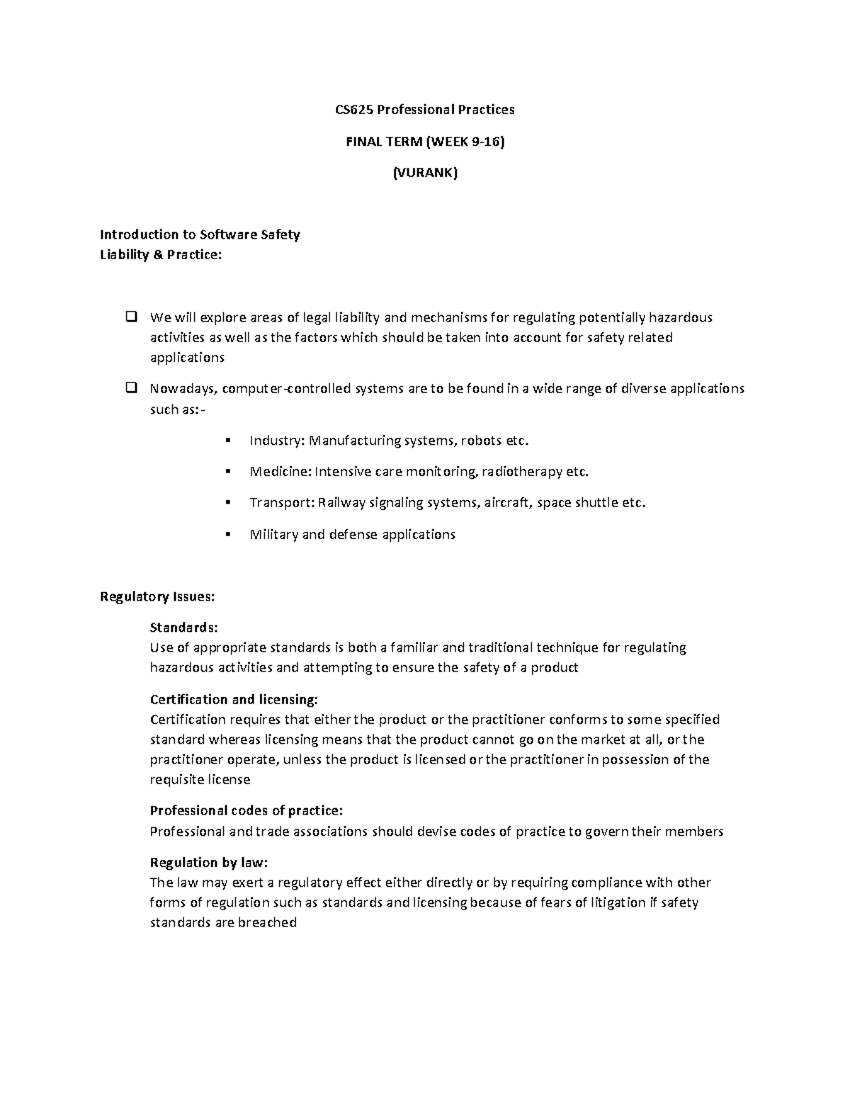 CS625 Professional Practices Final Exam Notes (Weeks 9-16) - Document Preview
