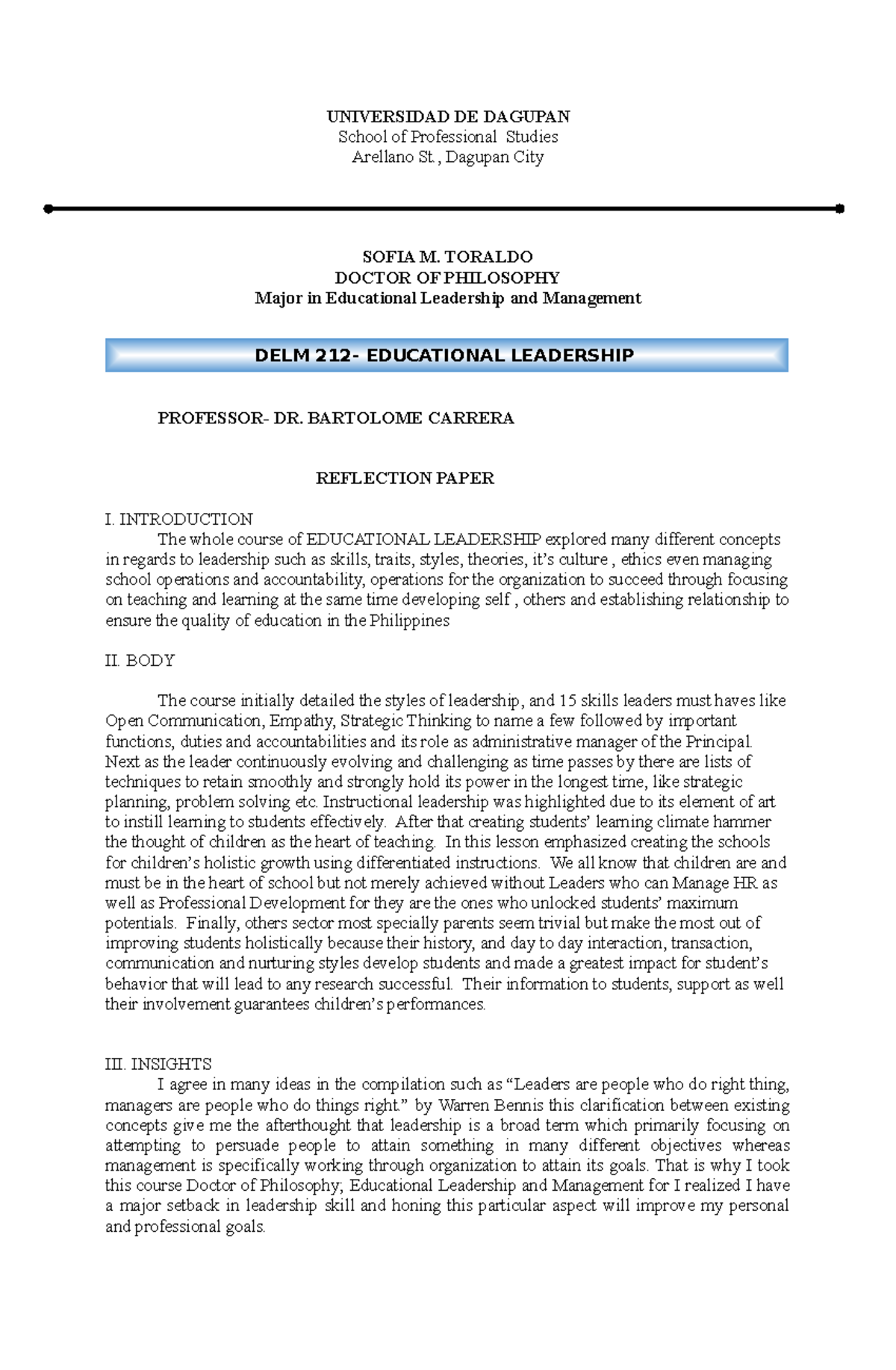 Reflection Paper on Educational Leadership - DELM 212 by Sofia Toraldo ...