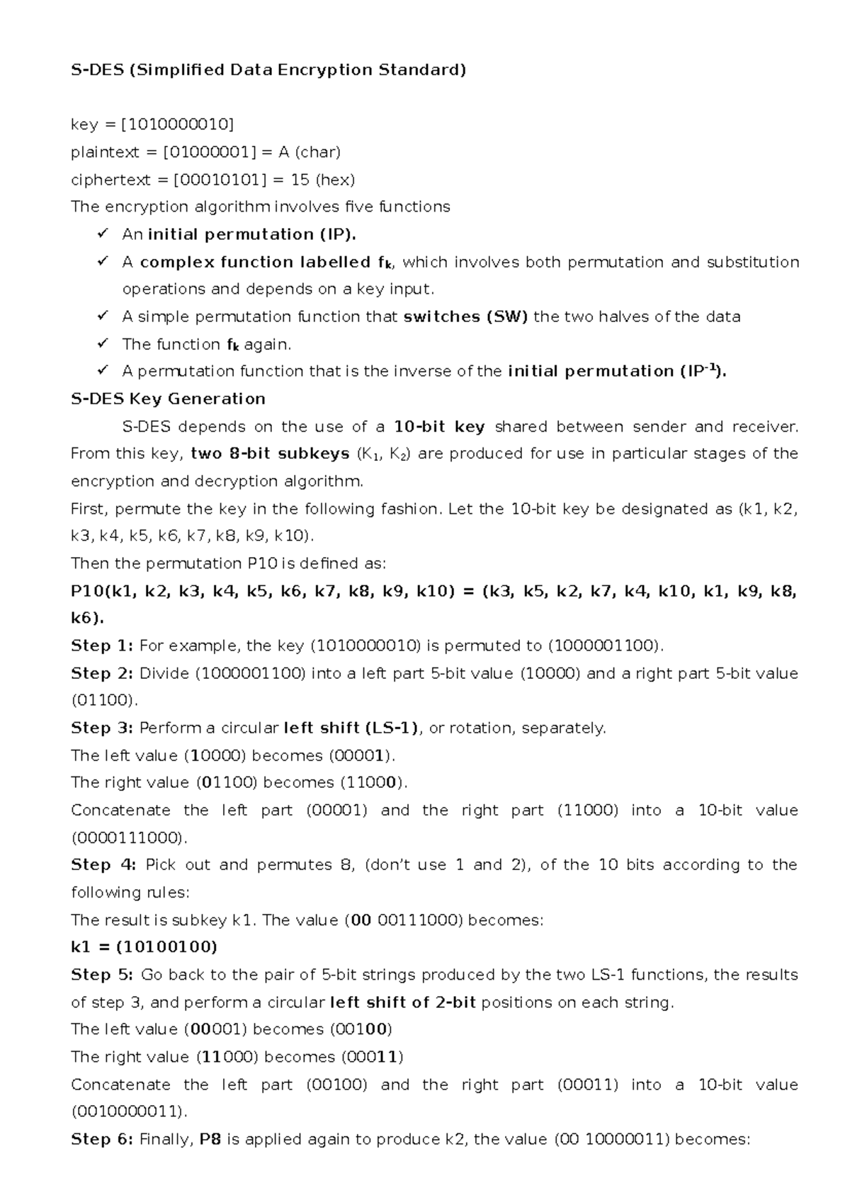 S-DES Key Generation and Encryption Process Overview - Studocu