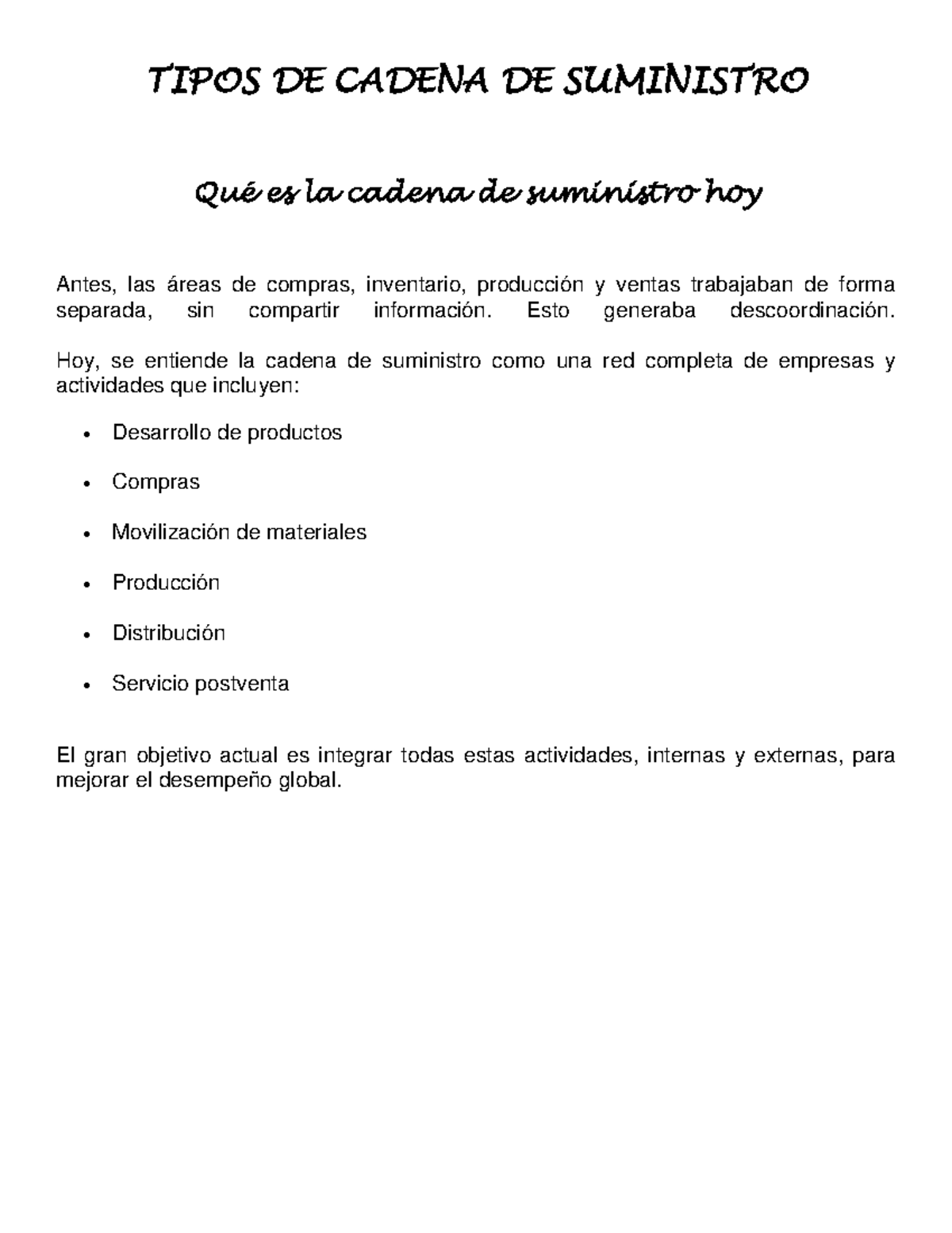 Resumen Semana 2: Tipos de Cadena de Suministro y su Integración - Studocu