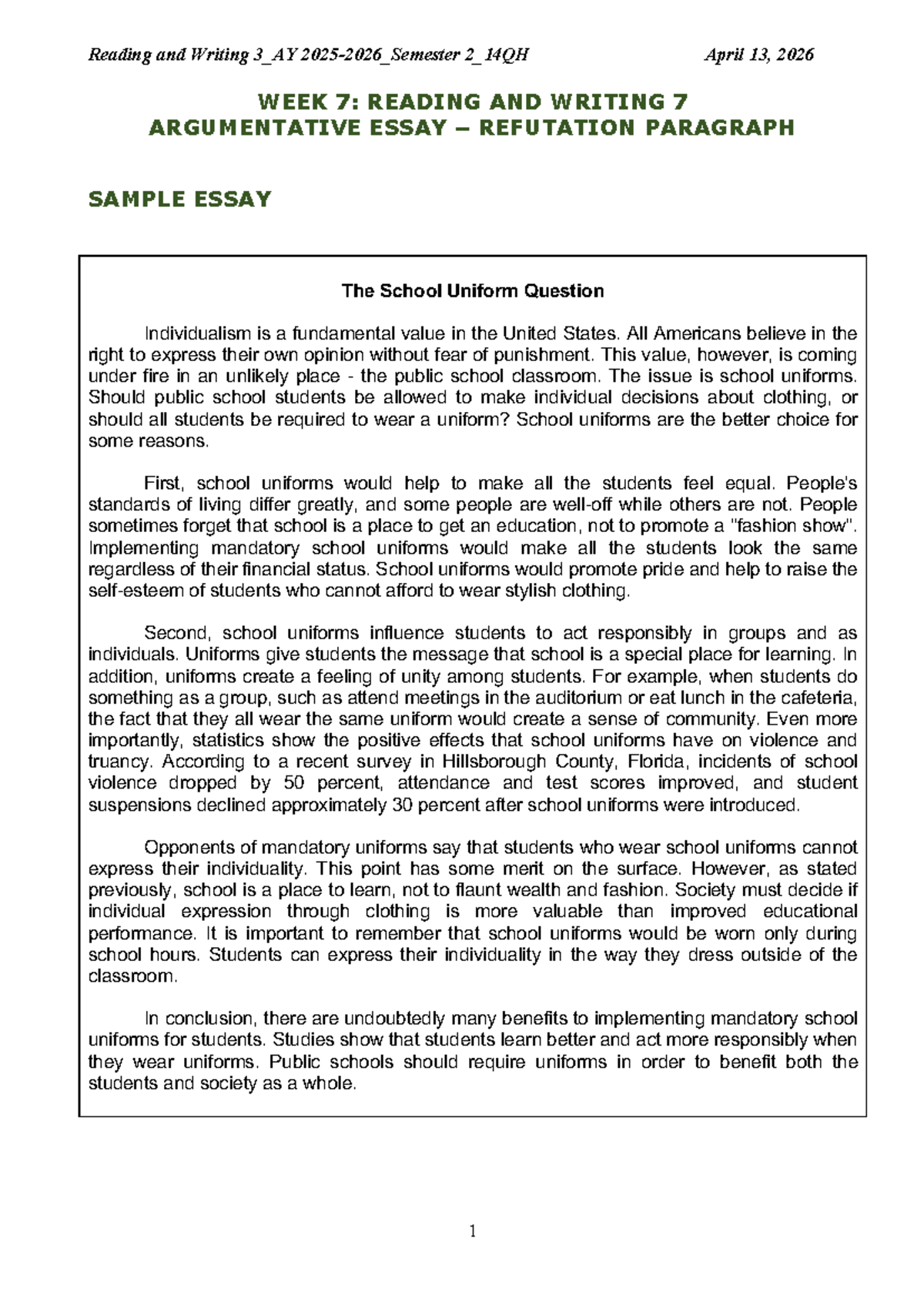 Reading and Writing 3_AY 2_14QH Week 7: Argumentative Essay Refutation ...