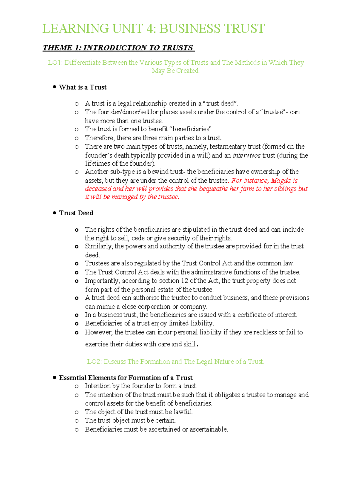 Business Trusts: Types, Formation, and Rights (LEARNING UNIT 4) - Studocu