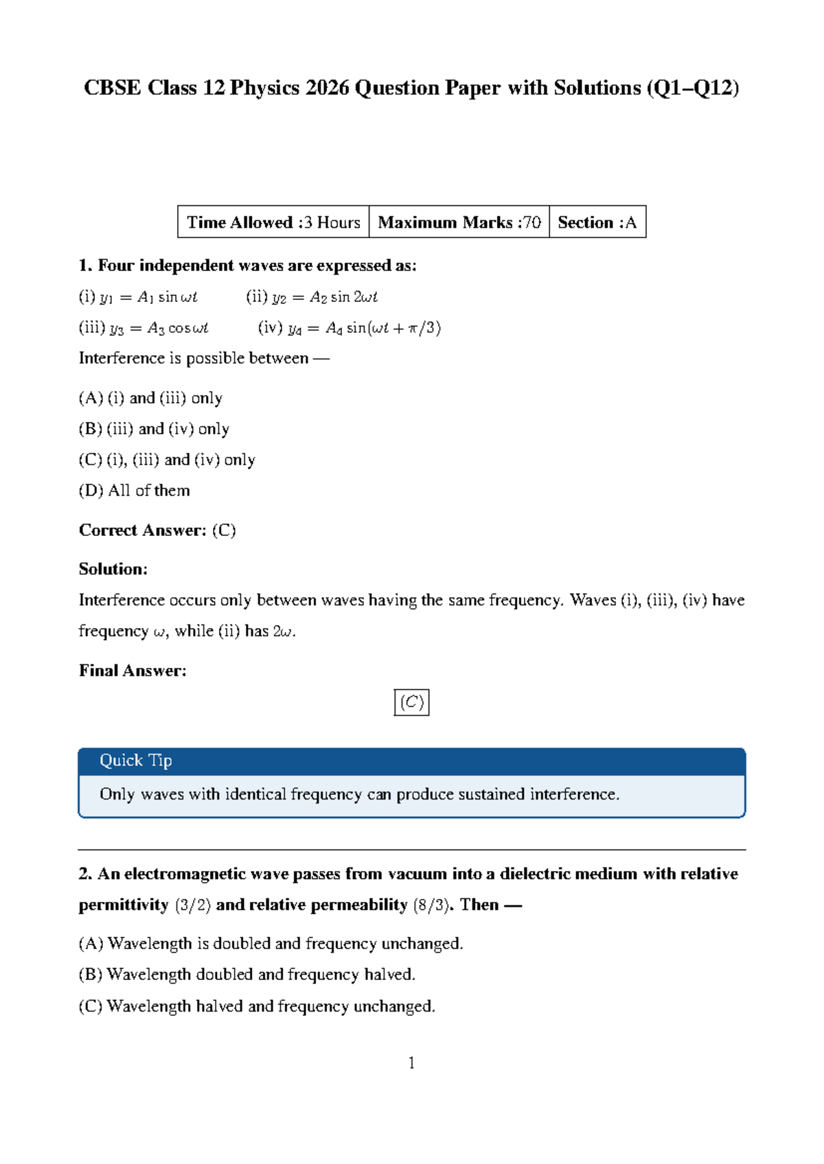 CBSE Class 12 Physics 2026 Set 3 Question Paper with Solutions - Studocu