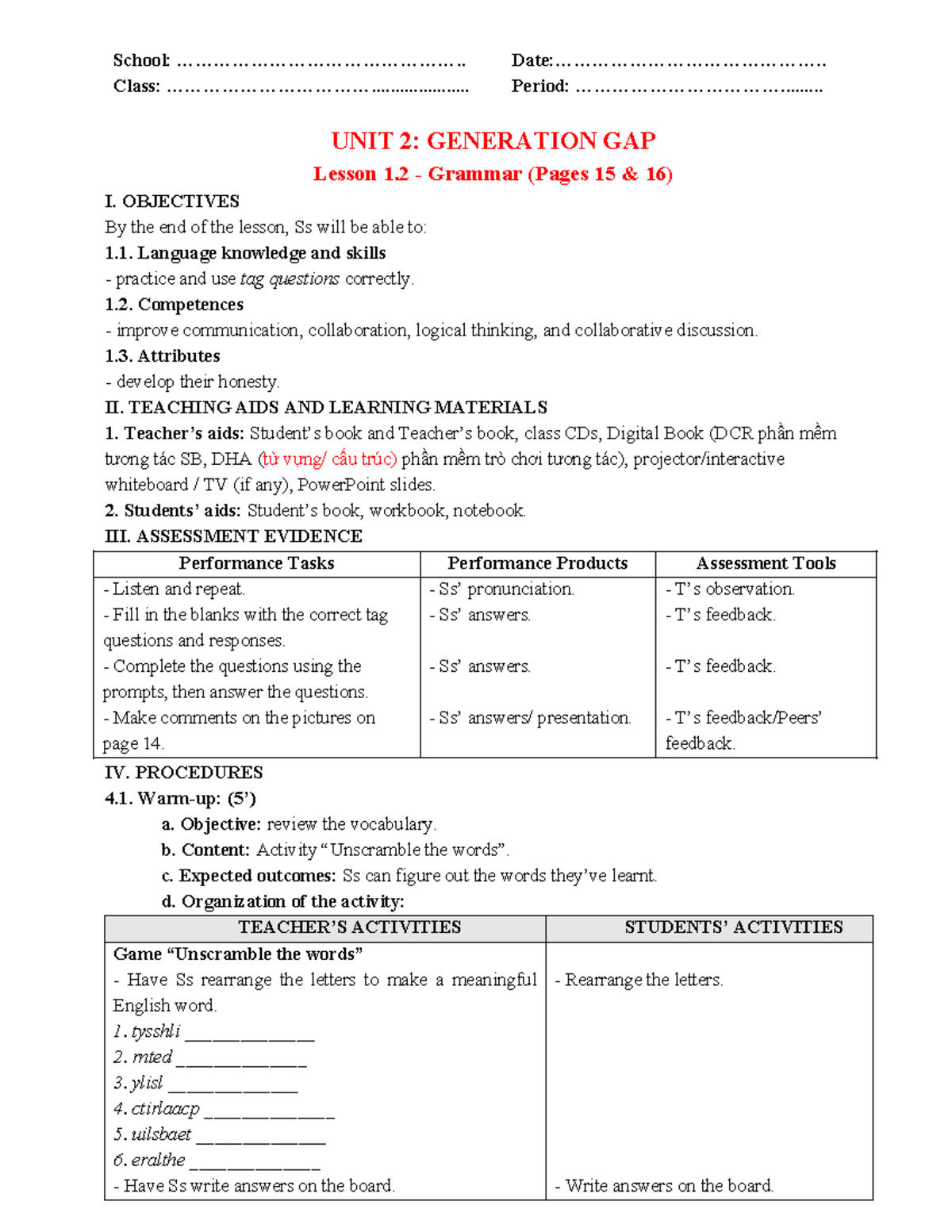 Unit 2: Lesson 1.2 - Grammar on Tag Questions (Pages 15-16) - Studocu