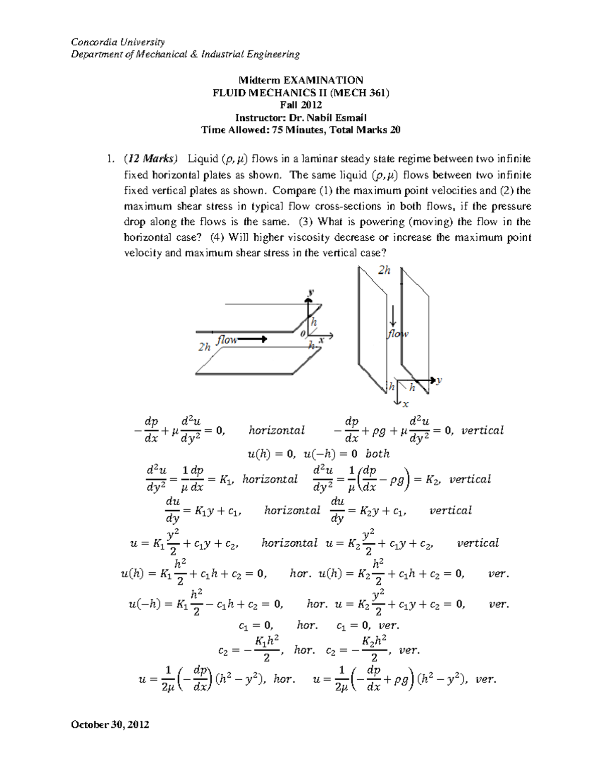 Midterm Exam Solutions - MECH 361 - Fluid Mechanics II (Fall 2012 ...