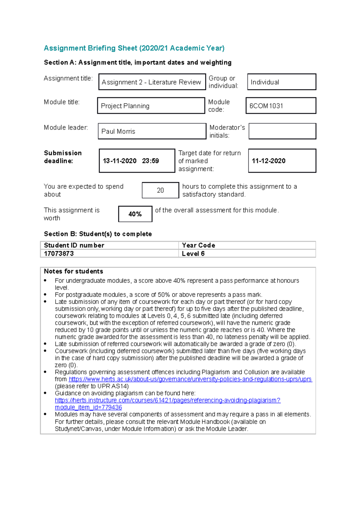 Project planning , final project notes - Herts - Studocu