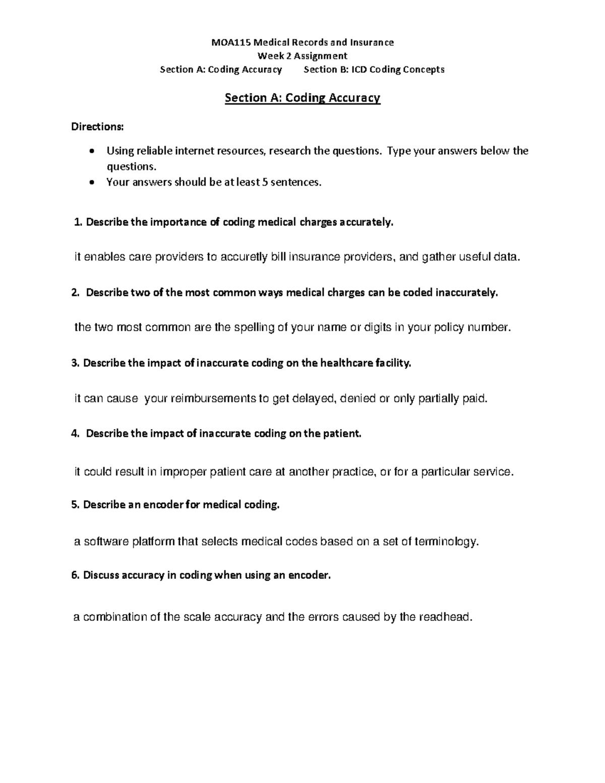 MOA115 Week 2 Assignment: Coding Accuracy & ICD Coding Concepts - Studocu