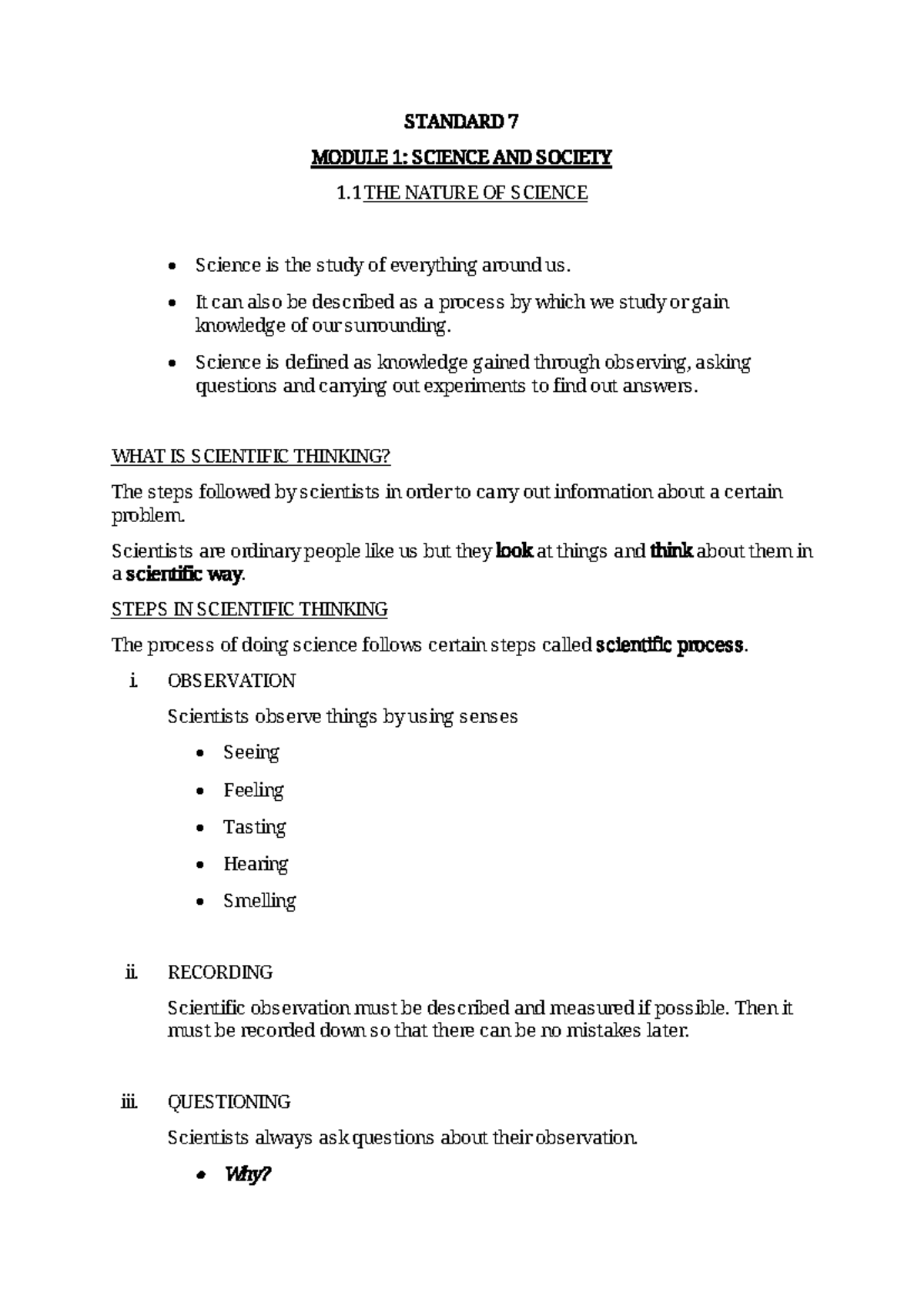 Standard 7 Module 1: Science and Society - Nature of Science - Studocu