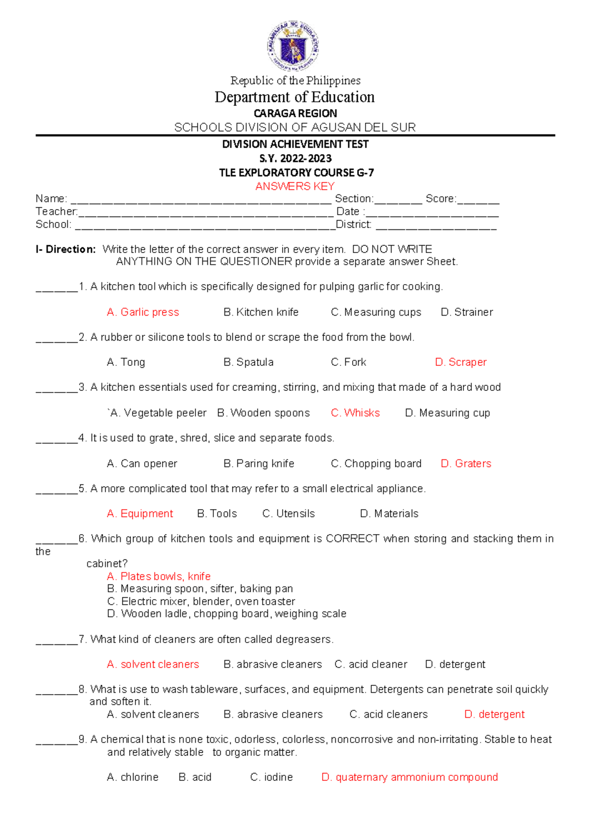 Achievement Test Answers Key for TLE G7 Exploratory (727555055) - Studocu