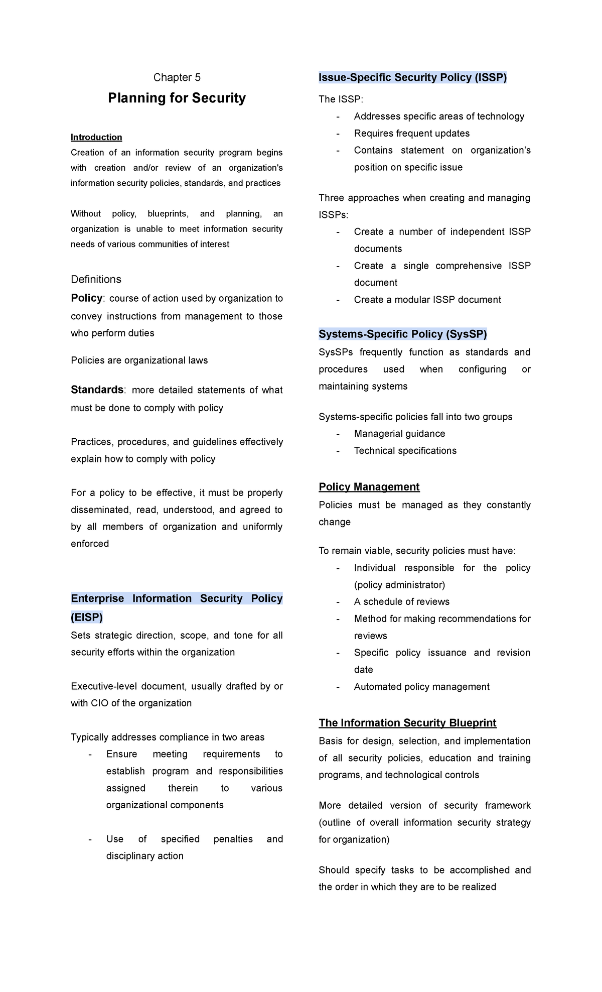 Chapter 5: Security Policy Planning (ISSP) and Implementation ...