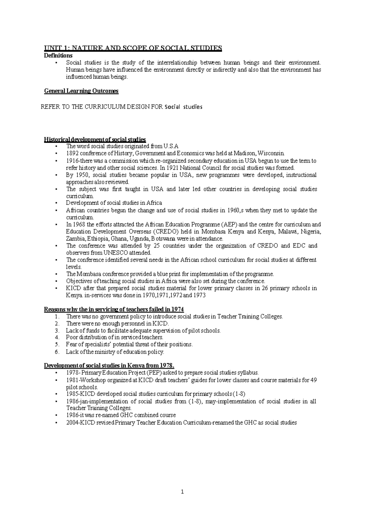 UNIT 1: NATURE AND SCOPE OF SOCIAL STUDIES - Summary Notes (2024-2027 ...