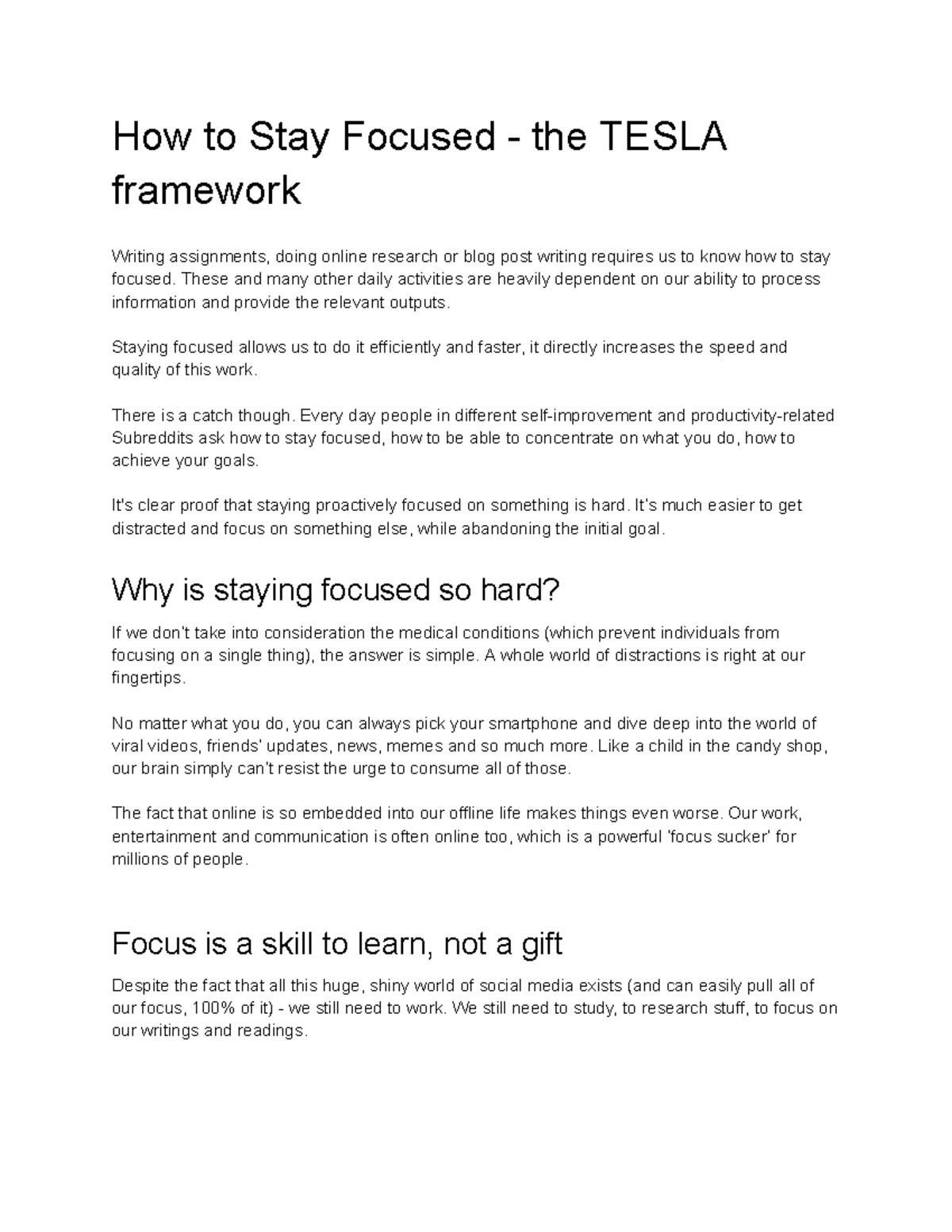 TESLA Framework: Mastering Focus for Productive Writing - Studocu