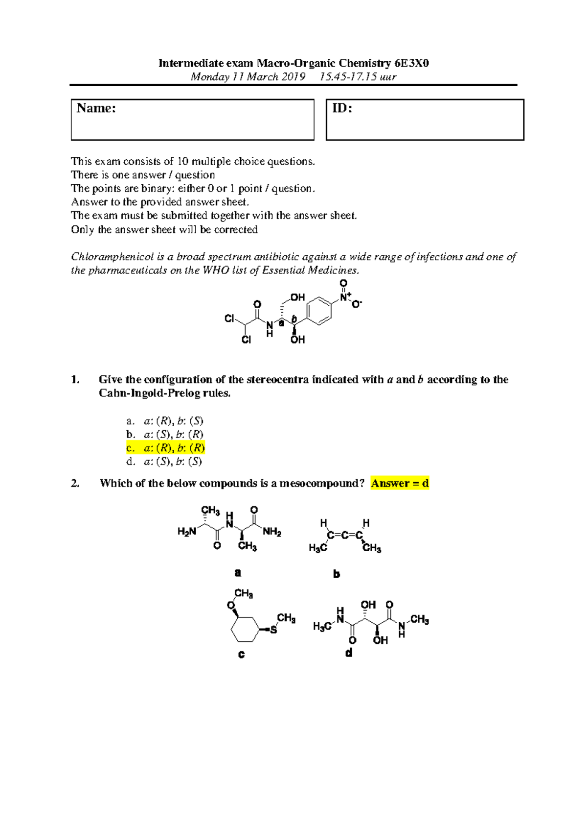 Intermediate Exam Answers for Macro-Organic Chemistry E3X - Studeersnel