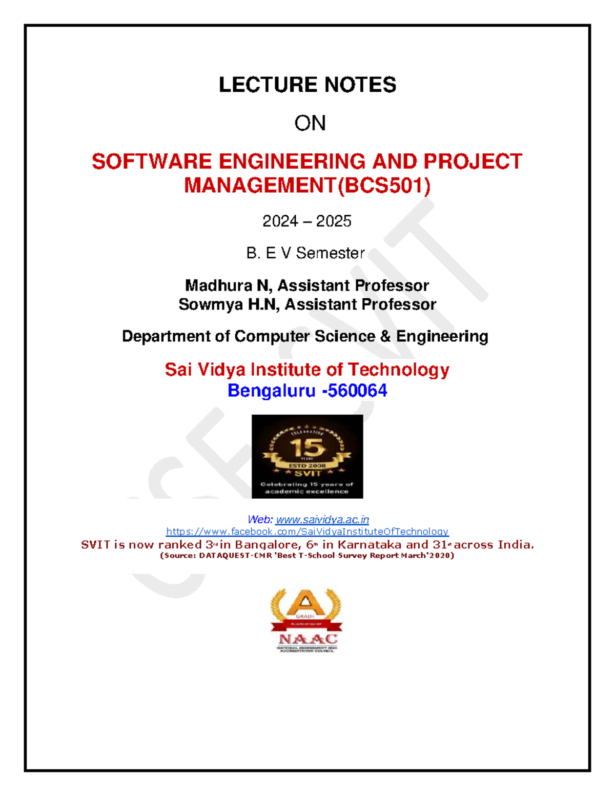 LECTURE NOTES ON SOFTWARE ENGINEERING AND PROJECT MANAGEMENT (BCS501 ...