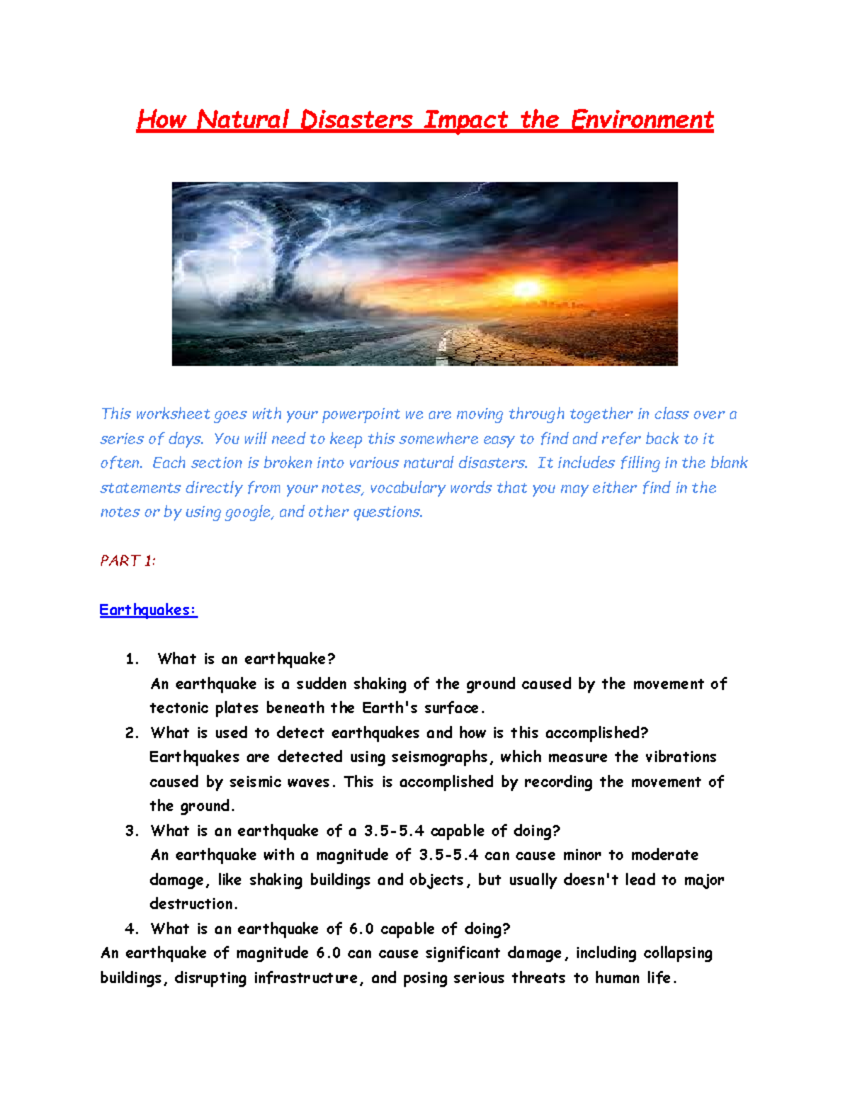 Natural Disasters & Environmental Impact - Compatible Notes Worksheet ...
