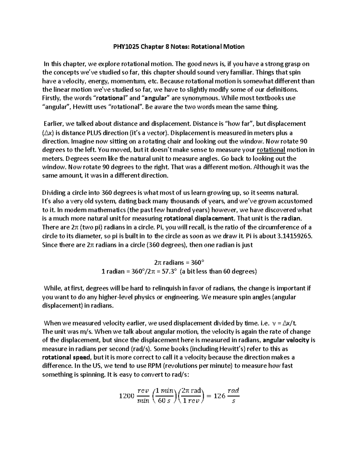 PHY1025 Ch8 Notes - Understanding Rotational Motion Concepts - Studocu