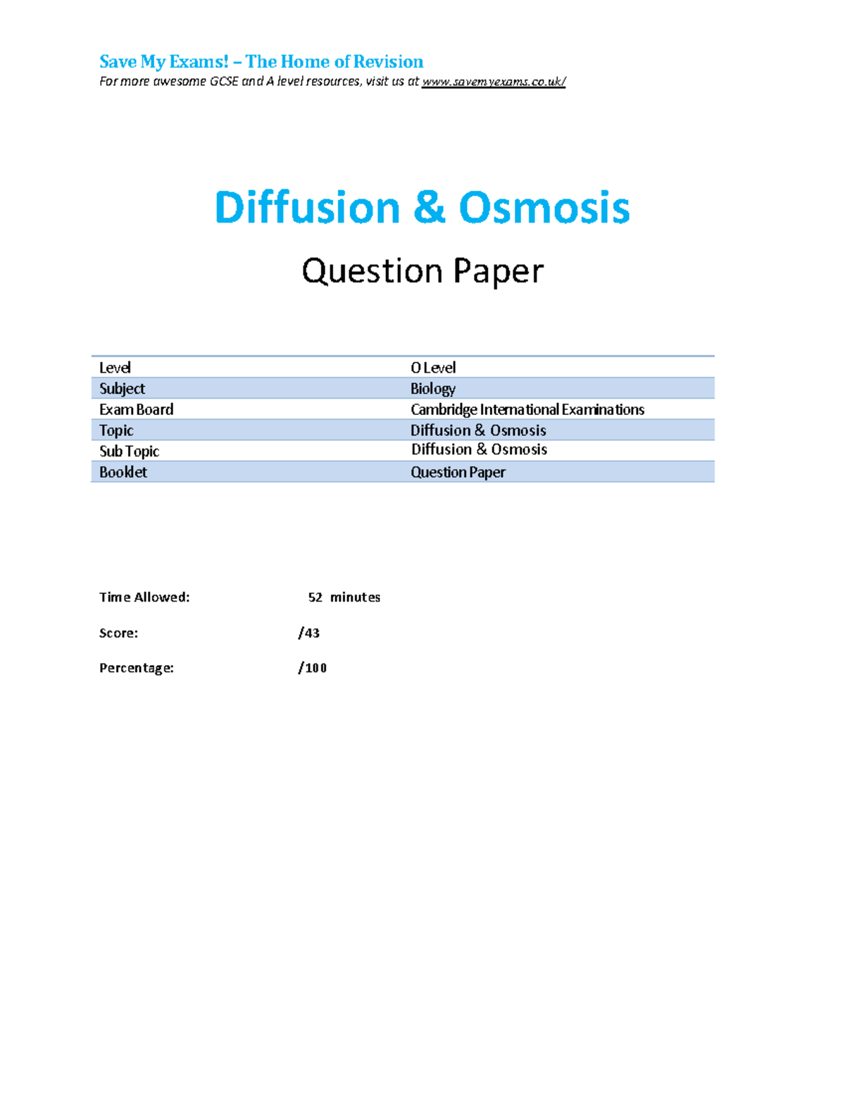 Diffusion & Osmosis QP - O Level CIE Biology Exam Resource - Studocu