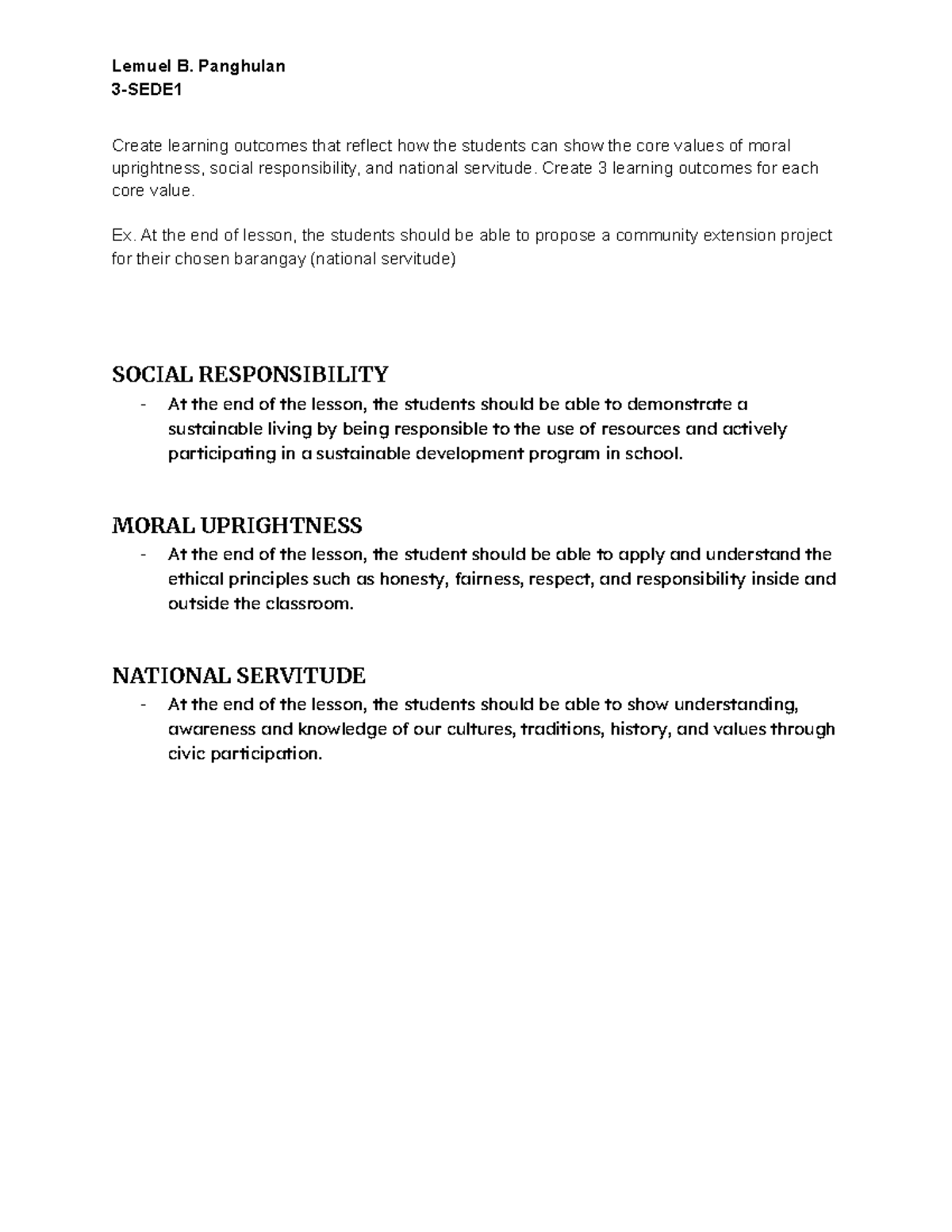 3-SEDE: Learning Outcomes for Core Values in Education - Studocu