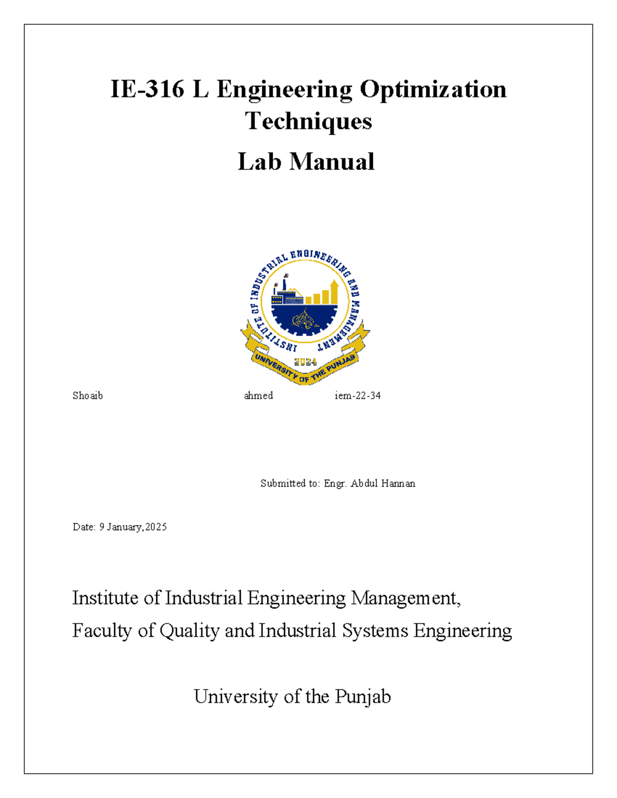 Lab Manual for Engineering Optimization Techniques (IEM-22-34) - Studocu