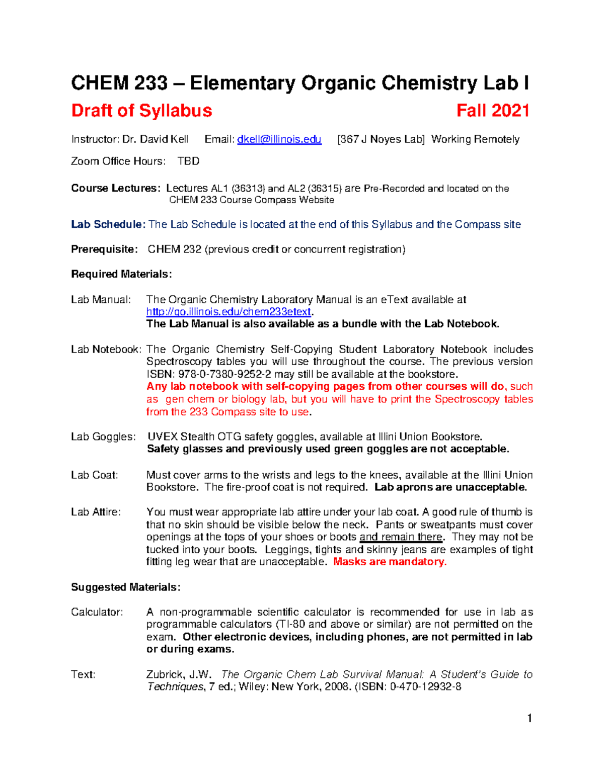CHEM 233 Fall 2021 Elementary Organic Chemistry Lab Syllabus - Studocu