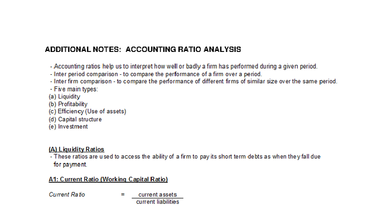 Additional Notes: Accounting Ratio Analysis (ACC 101) - Studocu