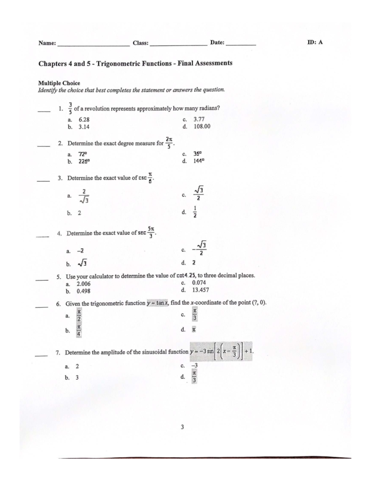 Ch 4 & 5 Trigonometric Functions Final Assessments - Practice Sheets ...