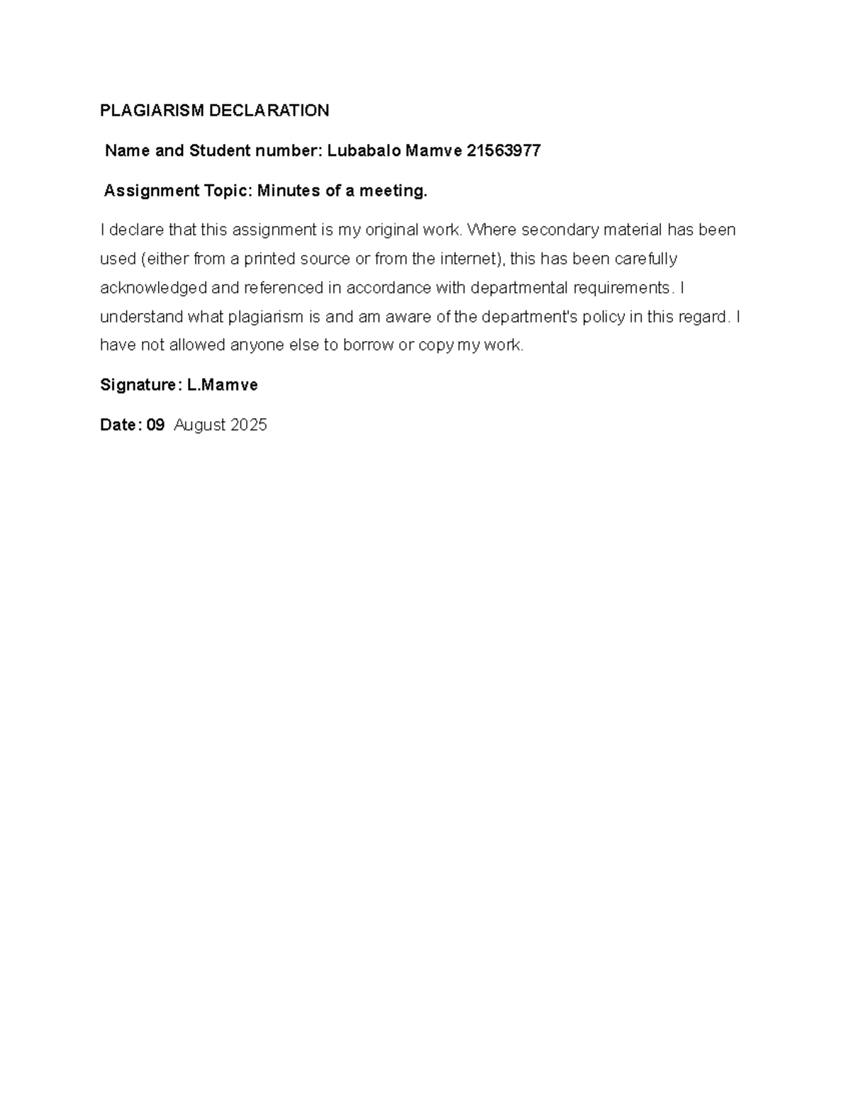 ENG1504 Assignment 1 - Plagiarism Declaration and Meeting Minutes - Studocu