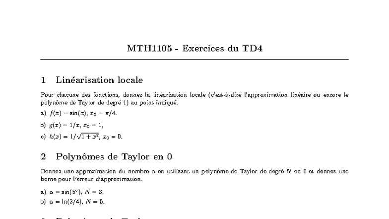 TD4 MTH1105 - Exercices sur les fonctions et approximations de Taylor ...
