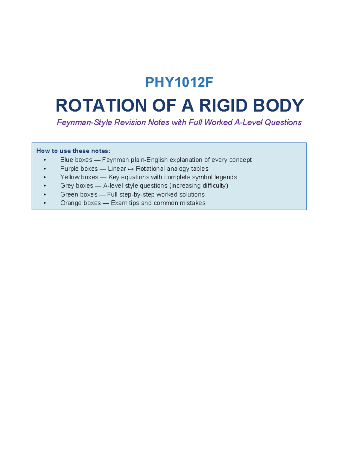 PHY1012F Rigid Body Rotation: Feynman Revision Notes & Worked Qs - Studocu