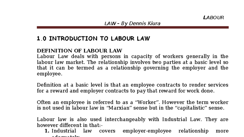 LABOUR LAW 101: Introduction and Key Concepts by Dennis Kiura - Studocu