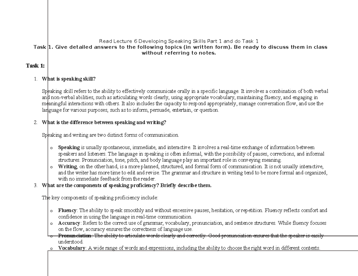Assignment 7 - Developing speaking skills: Lecture 6 notes and tasks ...