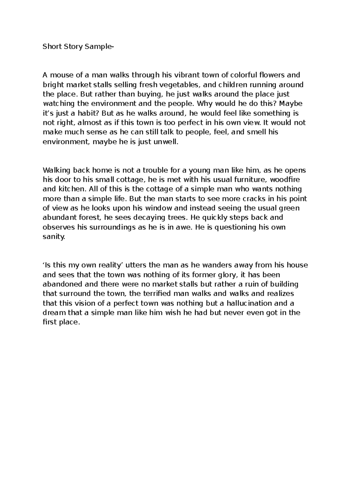 Short Story Sample: A Mouse of a Man's Illusion - Studocu